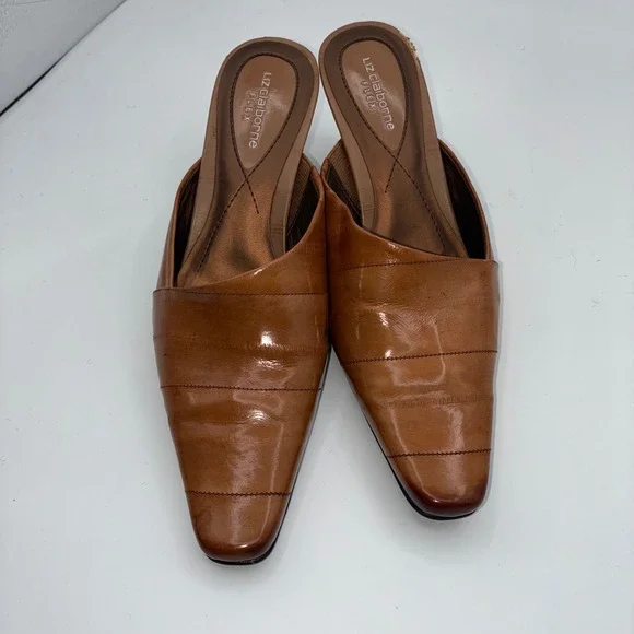Liz Claiborne Mallory Tan Leather Pointed Toe Mules Shoes Women 6.5M Career Chic - Picture 11 of 12